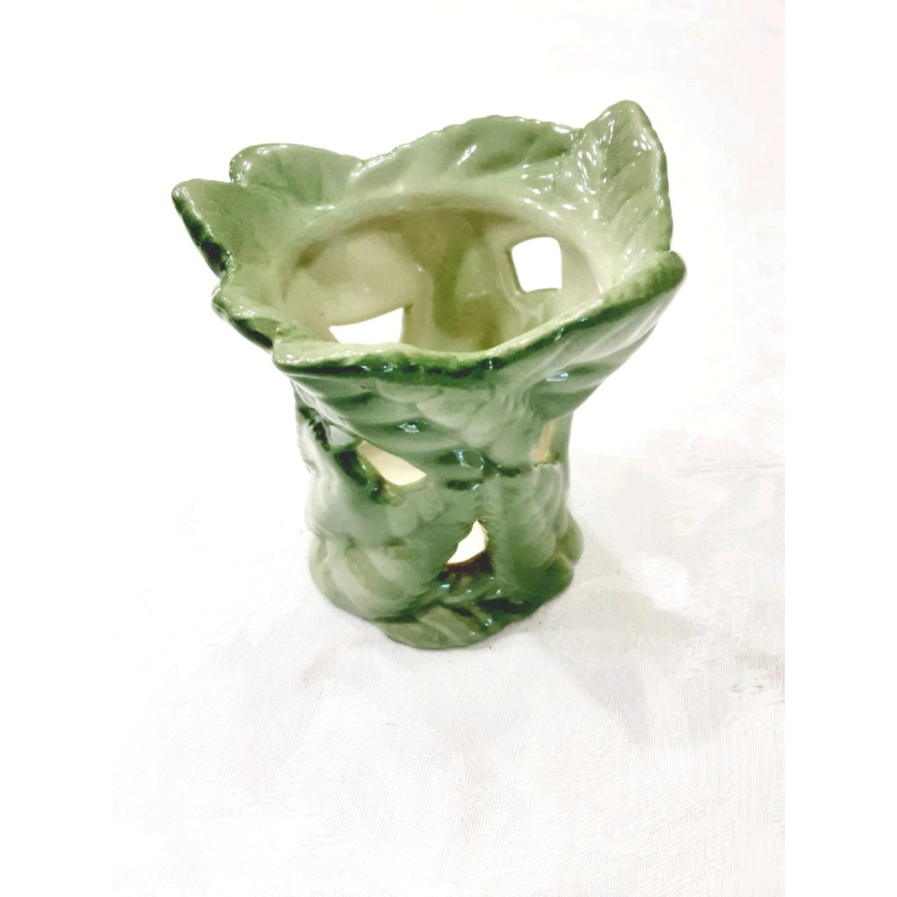 Vtg Metlox California Pottery Candle Holder Green Leaves Vase 4.5 " Cut Outs